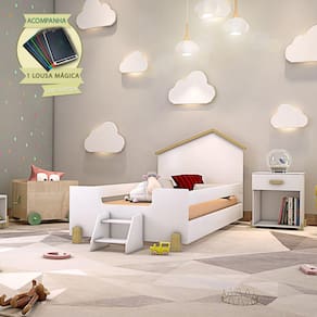 Cama Infantil Montessoriana com Escadinha Juvenil Ayla - Branca e Natural Incluso Lousa Mágica