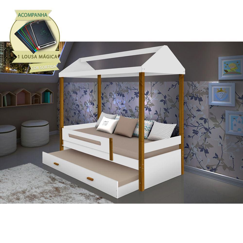 Cama Montessoriana Infantil Sara Solteiro C/ Cama Auxiliar - Branco/amêndoa Incluso Lousa Mágica