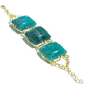 Bracelete 3 Pedras Naturais Quartzo Verde Quadrado Dourado