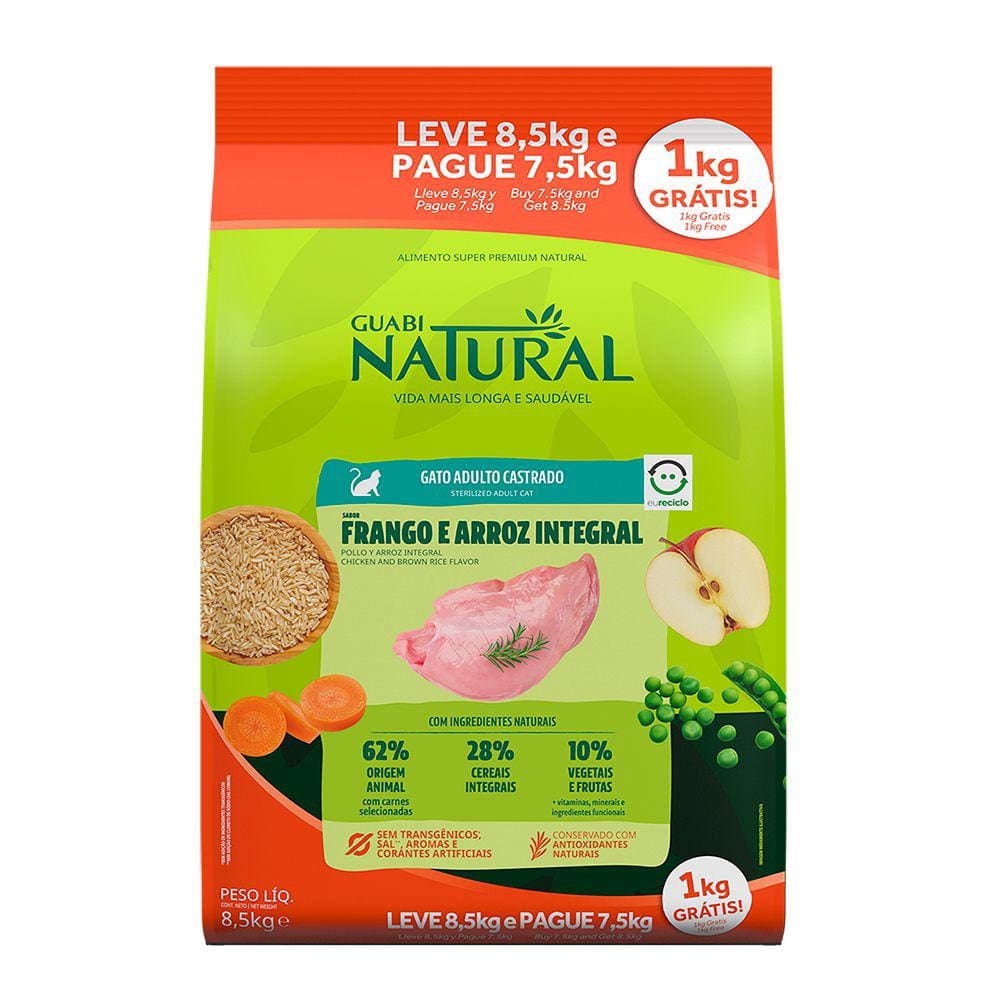 Ração Guabi Natural Gatos Castrados Frango e Arroz Bônus Bag 8,5kg