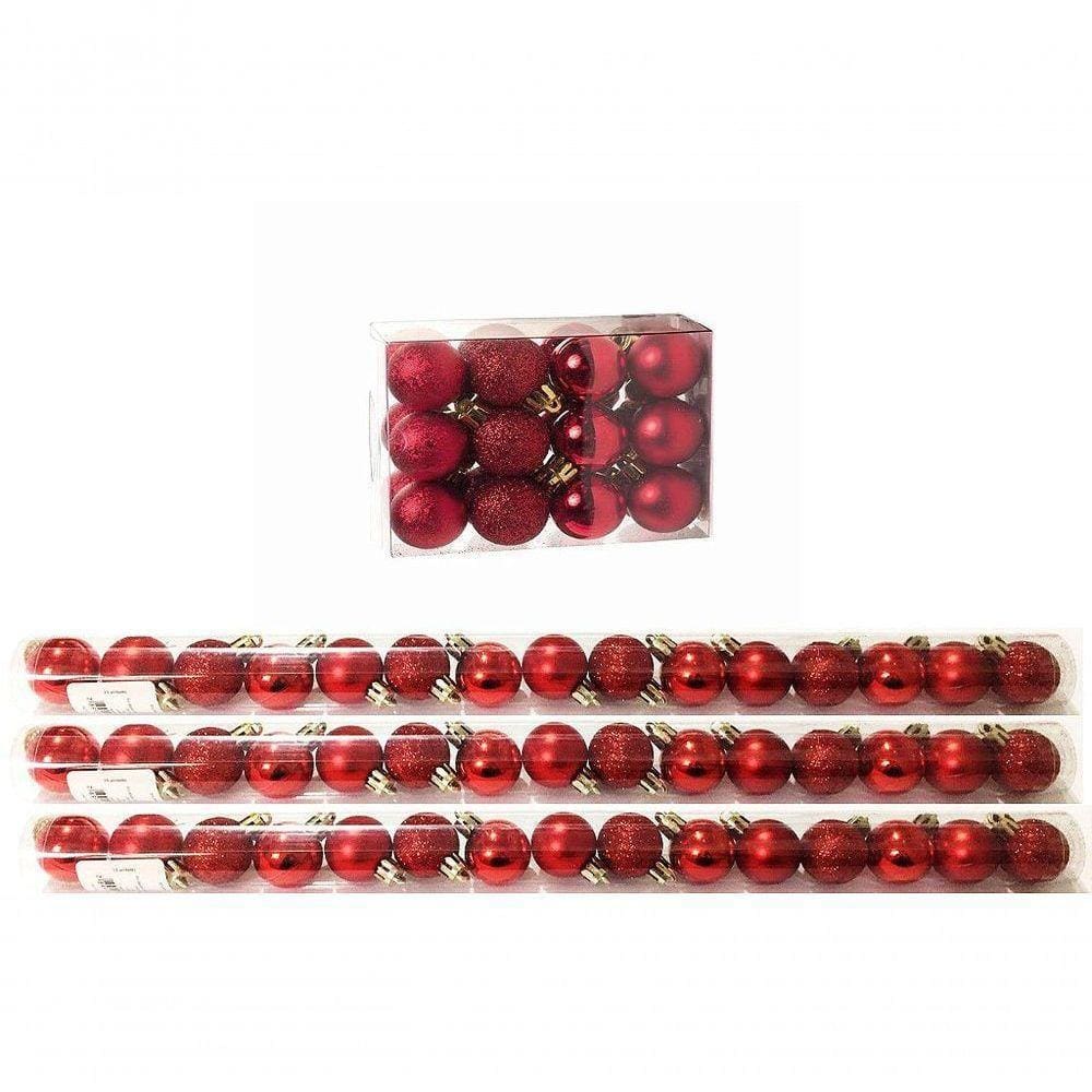 Kit 45 Mini Bolas Natal Vermelha Glitter, Fosca, Lisa 3Cm