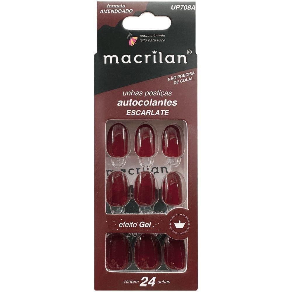 Macrilan Unhas Postiças Autocolantes Efeito Gel Escarlate Up708A (24 Unidades)