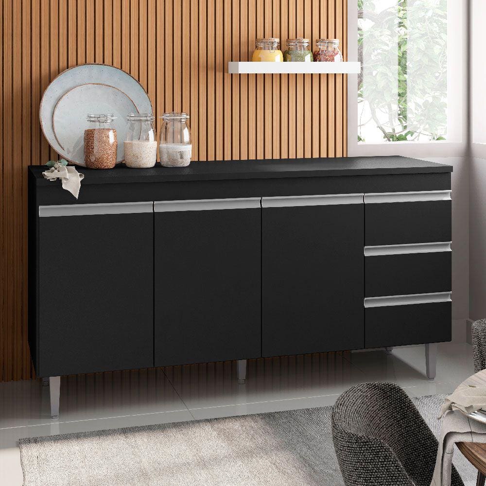 Balcão de Cozinha 150cm Andréia 3 Portas 3 Gavetas com tampo Cor Preto - AJL
