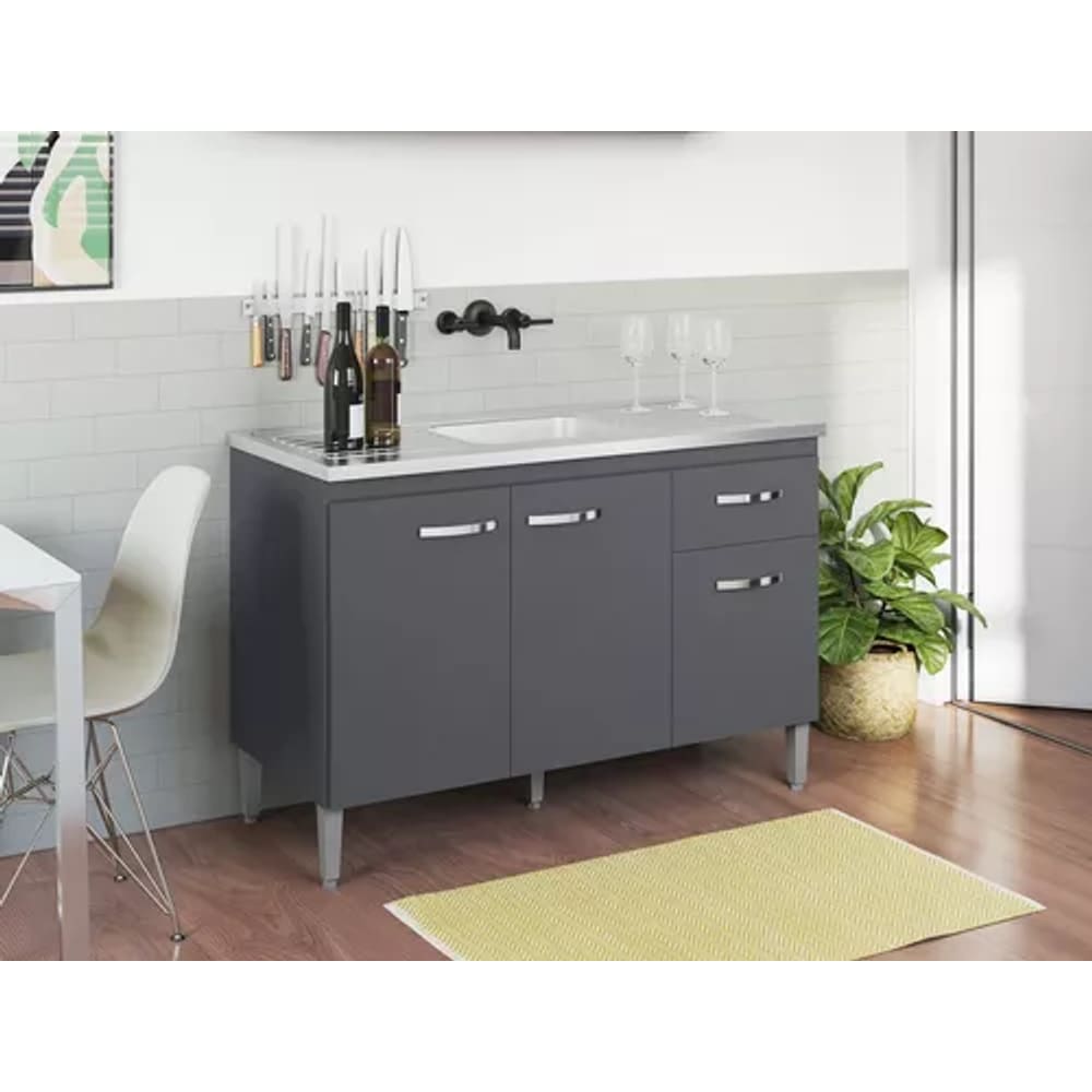Balcão de Cozinha 120cm Gabriela 3 Portas 1 Gaveta com tampo Cor Cinza - AJL