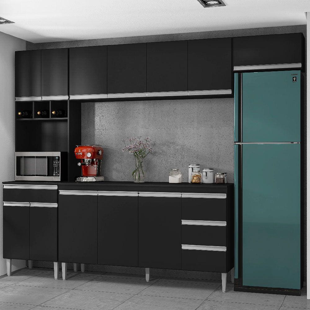 Cozinha Modulada Andréia 2,80m 12 Portas 4 Gavetas e Balcão Cor Preto - AJL