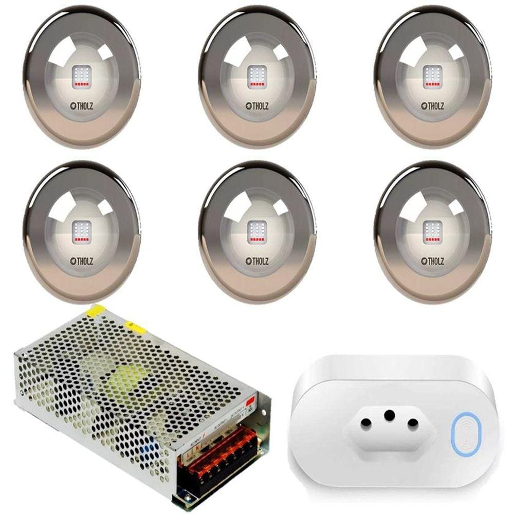 Kit 6 Led 18W Branco 6000K Inox Tholz + Fonte + Tomada Wifi