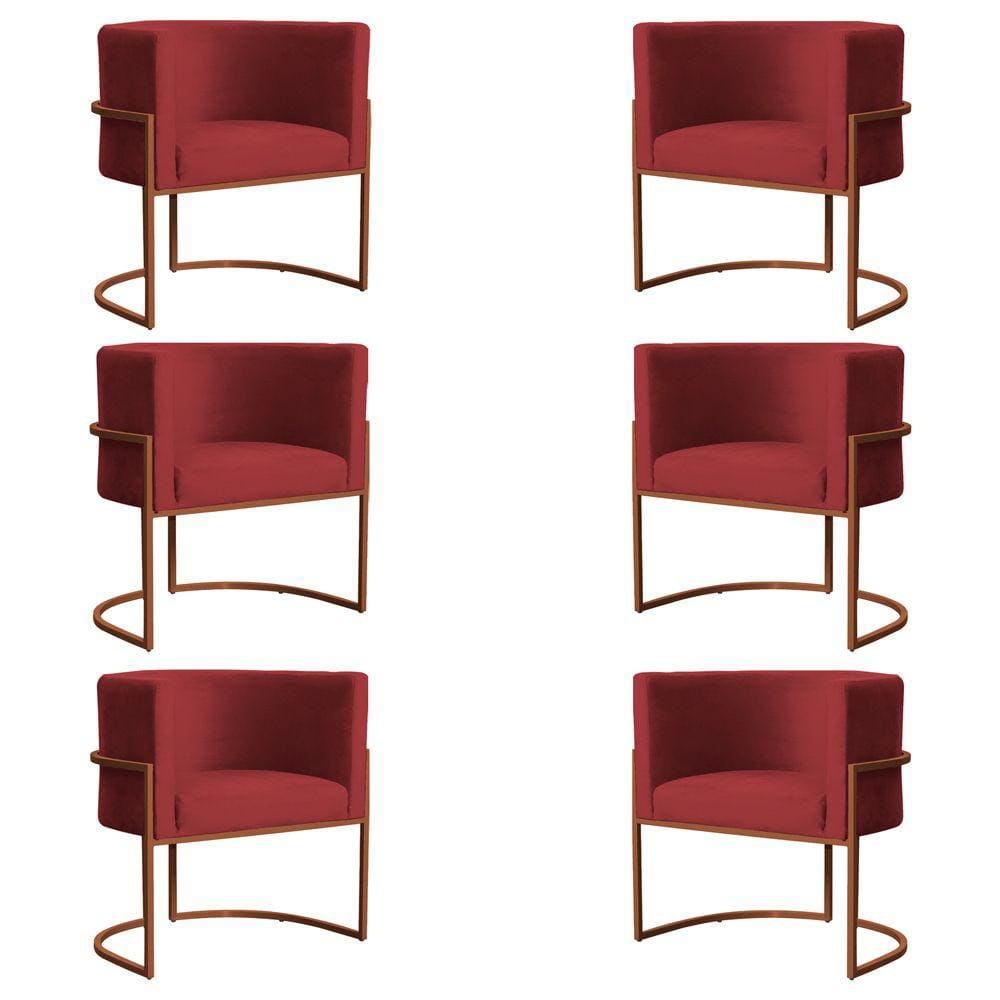 Kit 6 Poltronas Decorativa Luana Base Bronze Veludo Vermelho - Montanaris Decor