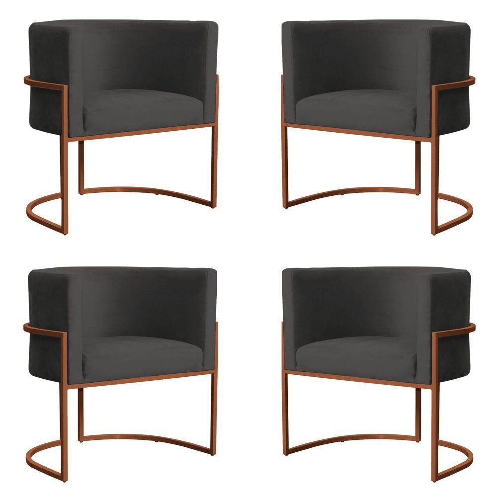 Kit 4 Poltronas Decorativa Luana Base Bronze Veludo Cinza - Montanaris Decor