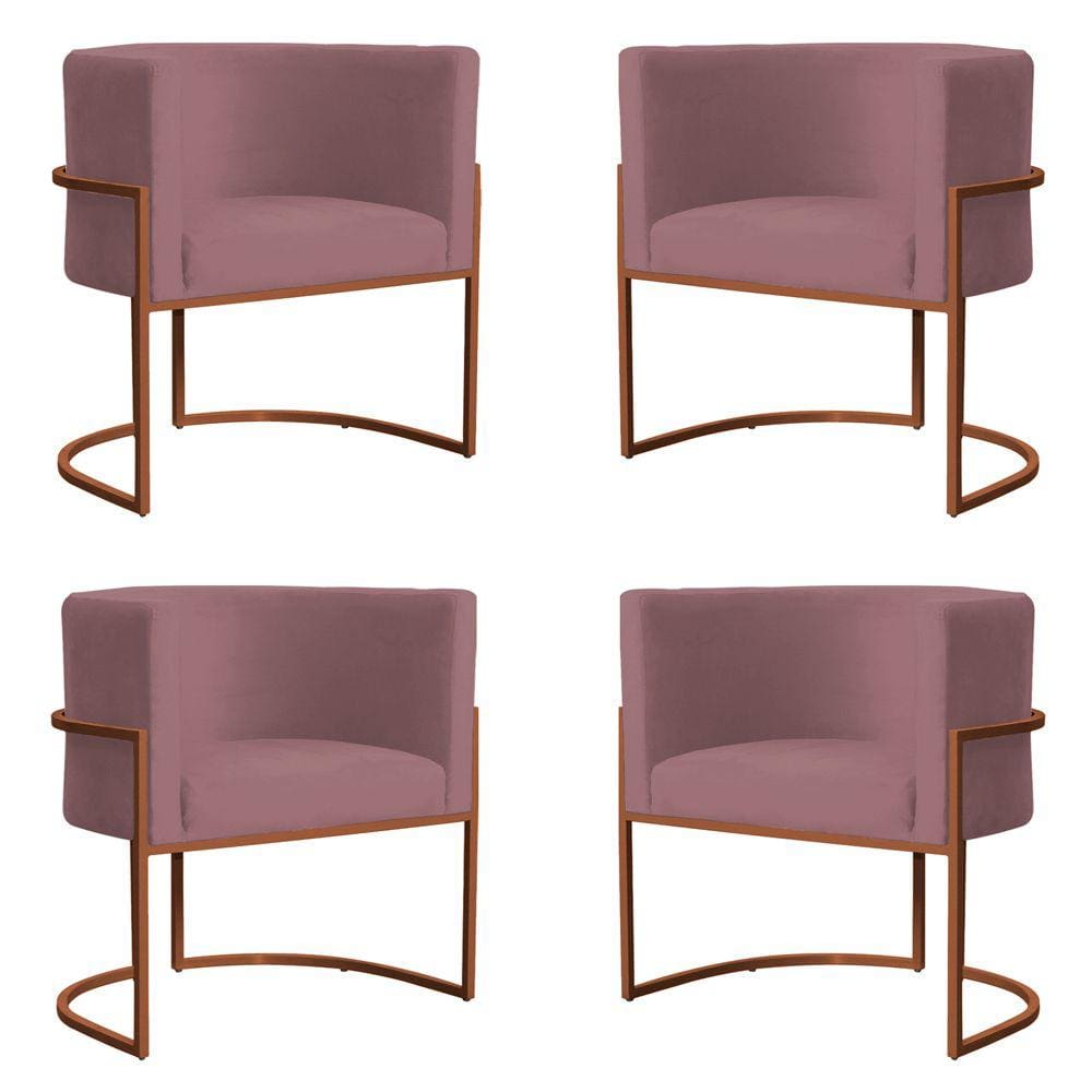 Kit 4 Poltronas Decorativa Luana Base Bronze Veludo Rosê - Montanaris Decor