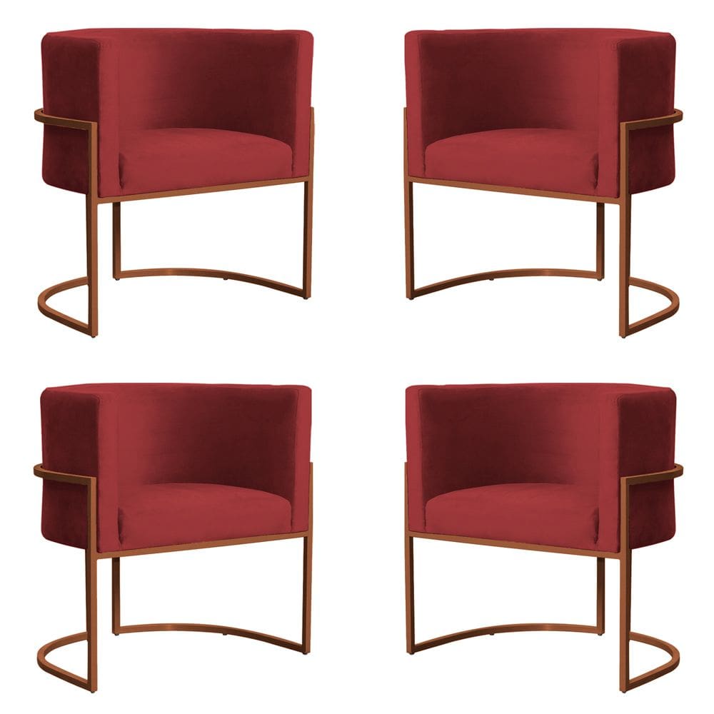 Kit 4 Poltronas Decorativa Luana Base Bronze Veludo Vermelho - Montanaris Decor