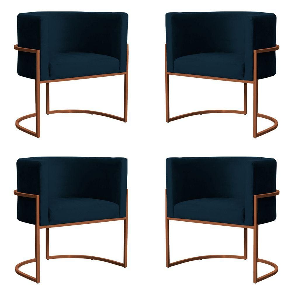 Kit 4 Poltronas Decorativa Luana Base Bronze Veludo Azul Marinho - Montanaris Decor