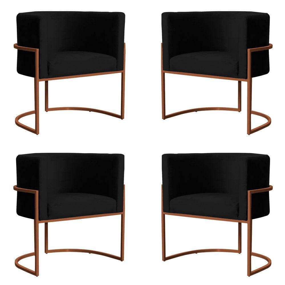 Kit 4 Poltronas Decorativa Luana Base Bronze Veludo Preto - Montanaris Decor