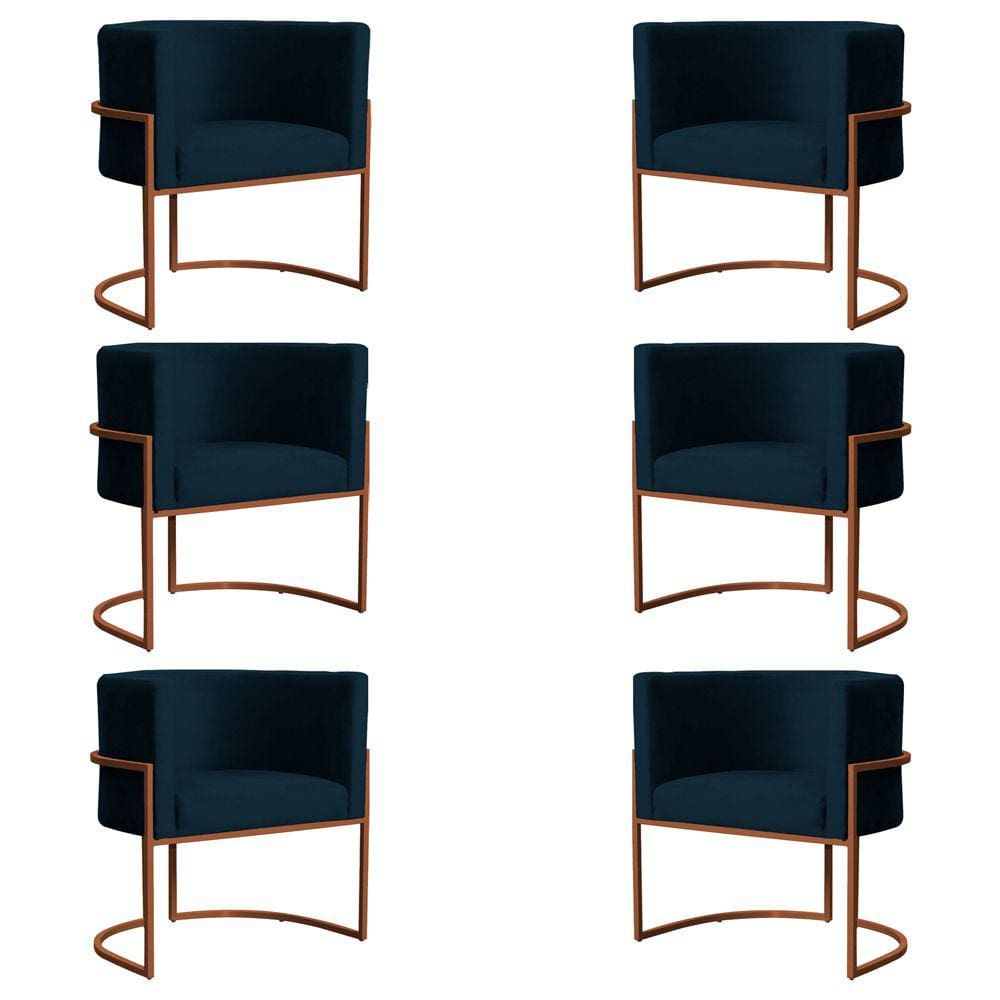 Kit 6 Poltronas Decorativa Luana Base Bronze Veludo Azul Marinho - Montanaris Decor