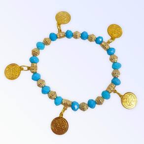 Pulseira Cigana Azul Clara Cristal e Silicone Com Moedas