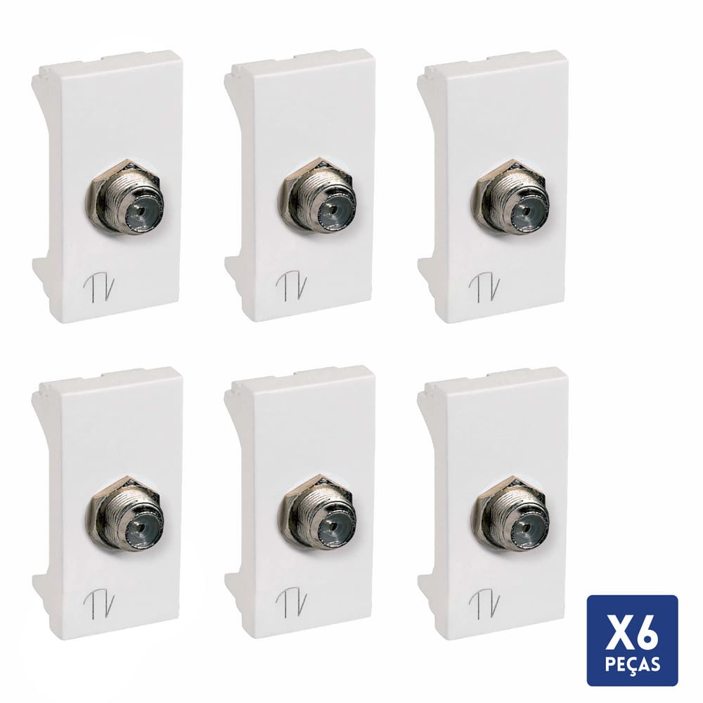 Kit 6 Módulo Tomada Antena Branco 75 Ohms Com Adaptador Pial Plus