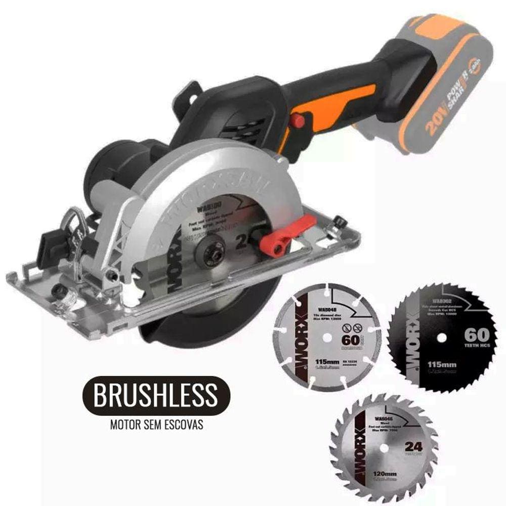 Serra Circular 20V MAX WORKSAW WX531.9 BRUSHLES com 3 Discos s/ Bateria WORX