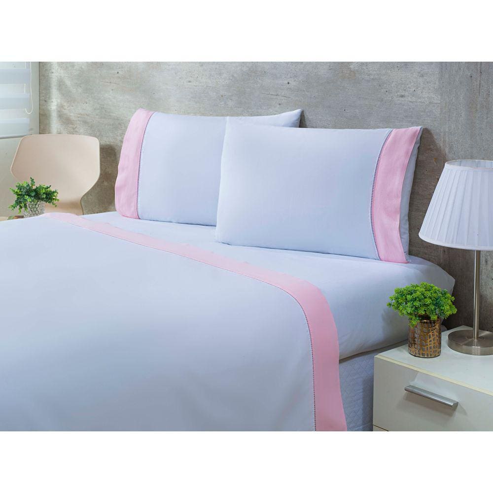 Jogo Lençol 4 Peças Cama Viúva 1,88mx1,28mx30cm 100% Algodão 200 Fios Ponto Palito Rosa