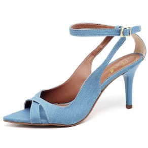 Sandália Ellas Online Salto Médio Bico Folha Jeans Delave