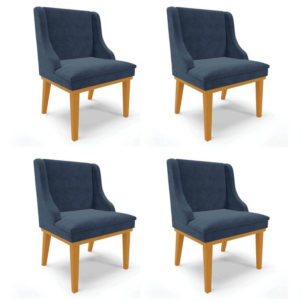 Kit 4 Cadeiras Estofadas para Sala de Jantar Base Fixa de Madeira Castanho Lia Suede Azul Marinho -