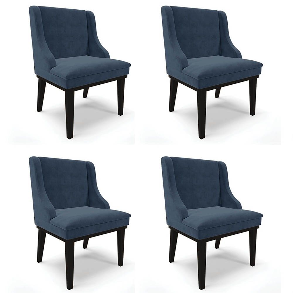 Kit 4 Cadeiras Estofadas para Sala de Jantar Base Fixa de Madeira Preto Lia Suede Azul Marinho - Ibi