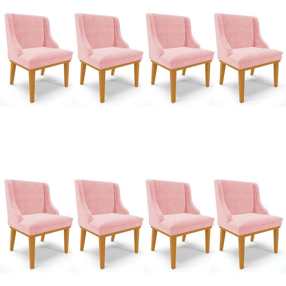 Kit 8 Cadeiras Estofadas para Sala de Jantar Base Fixa de Madeira Castanho Lia Suede Rosa bebê - Ibi