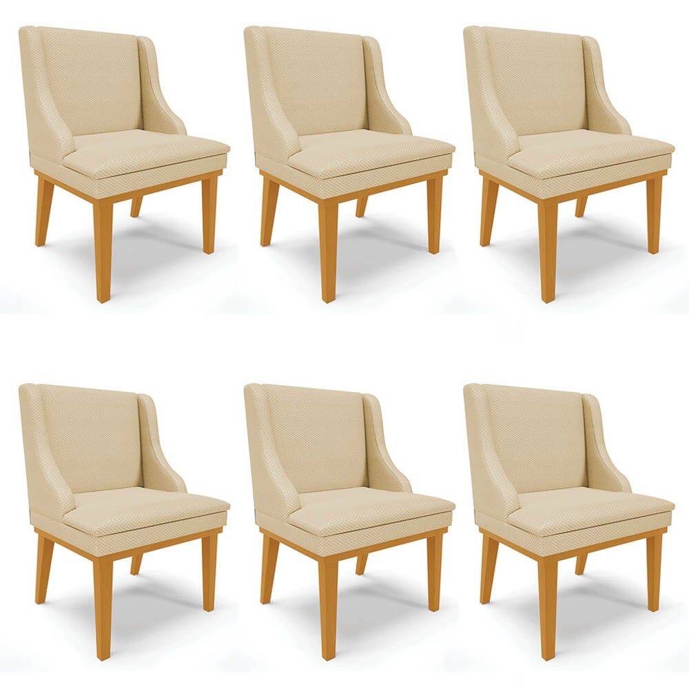 Kit 6 Cadeiras Estofadas para Sala de Jantar Base Fixa de Madeira Castanho Lia Veludo Off White - Ib