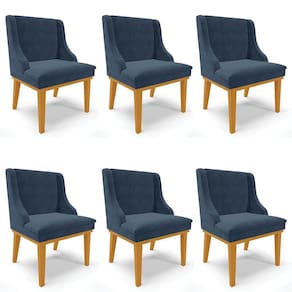 Kit 6 Cadeiras Estofadas para Sala de Jantar Base Fixa de Madeira Castanho Lia Suede Azul Marinho -