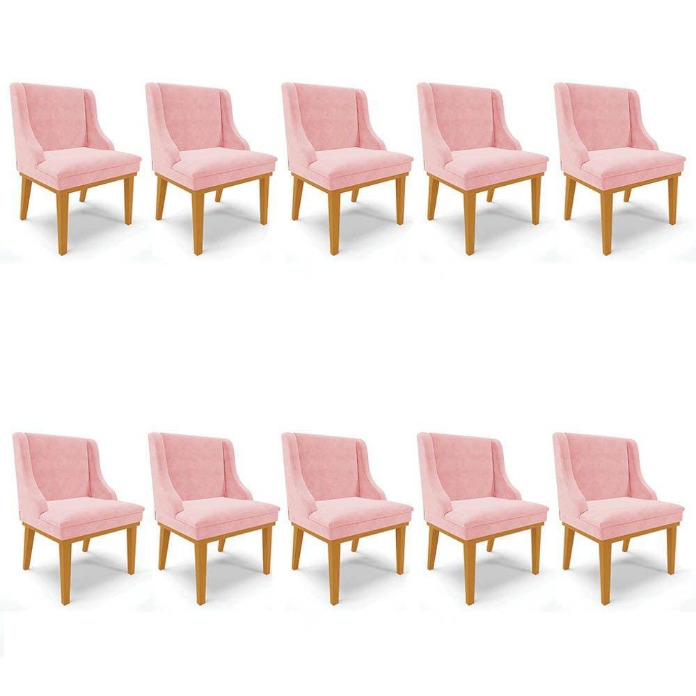 Kit 10 Cadeiras Estofadas para Sala de Jantar Base Fixa de Madeira Castanho Lia Suede Rosa bebê - Ib