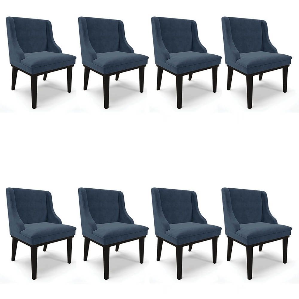 Kit 8 Cadeiras Estofadas para Sala de Jantar Base Fixa de Madeira Preto Lia Suede Azul Marinho - Ibi