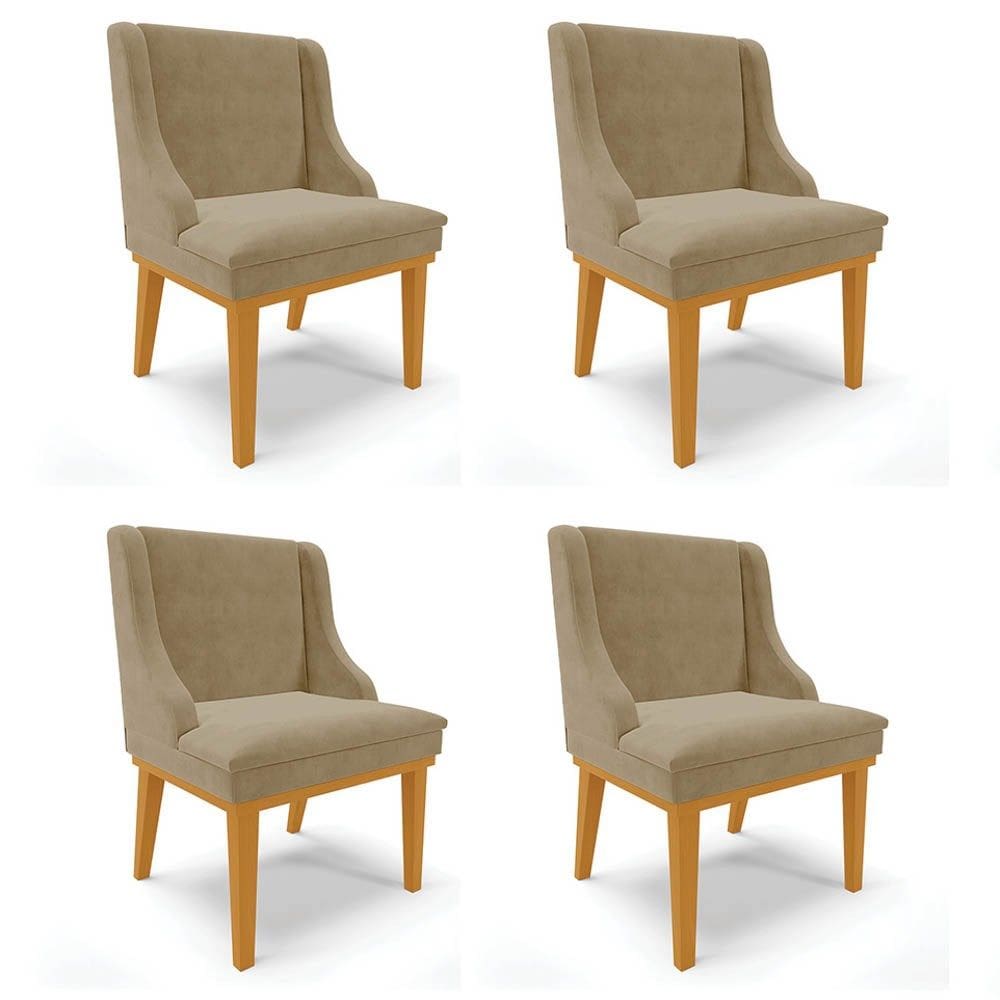 Kit 4 Cadeiras Estofadas para Sala de Jantar Base Fixa de Madeira Castanho Lia Suede Marrom RT - Ibi