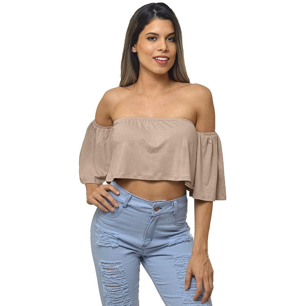 Blusa Cropped Ciganinha Feminino Viscolycra Nude Tendência