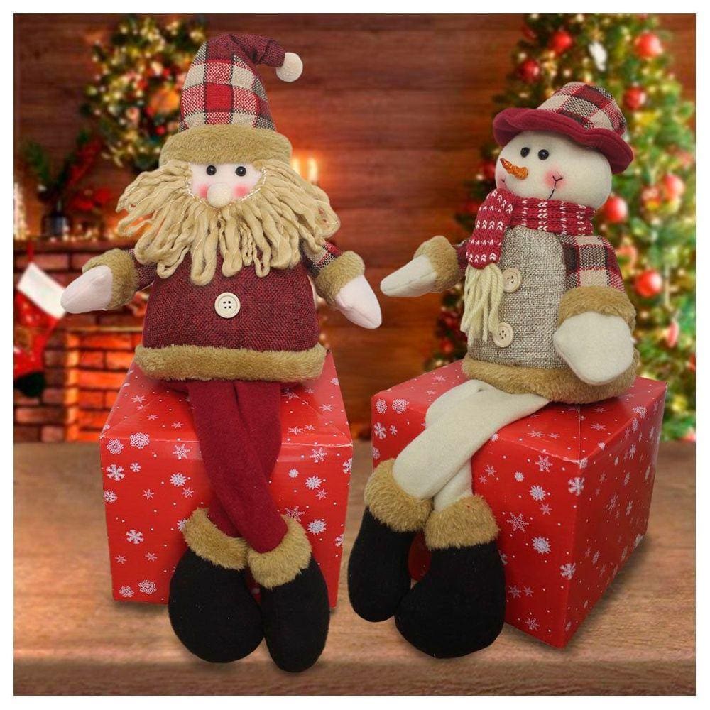 Boneco De Neve e Papai Noel Sentado Boneco Perna Mole Em Tecido
