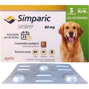 Simparic 20 a 40kg 80mg 3 Comprimidos Mastigáveis Palatáveis Pulgas Carrapatos Sarnas