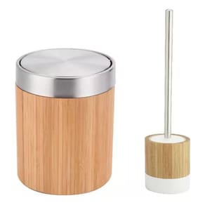 Conjunto Lixeira 2,6l E Escova Sanitária Aço Inox E Madeira