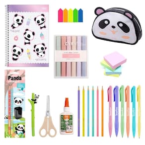Kit Papelaria Panda Escolar Caderno Estojo Caneta