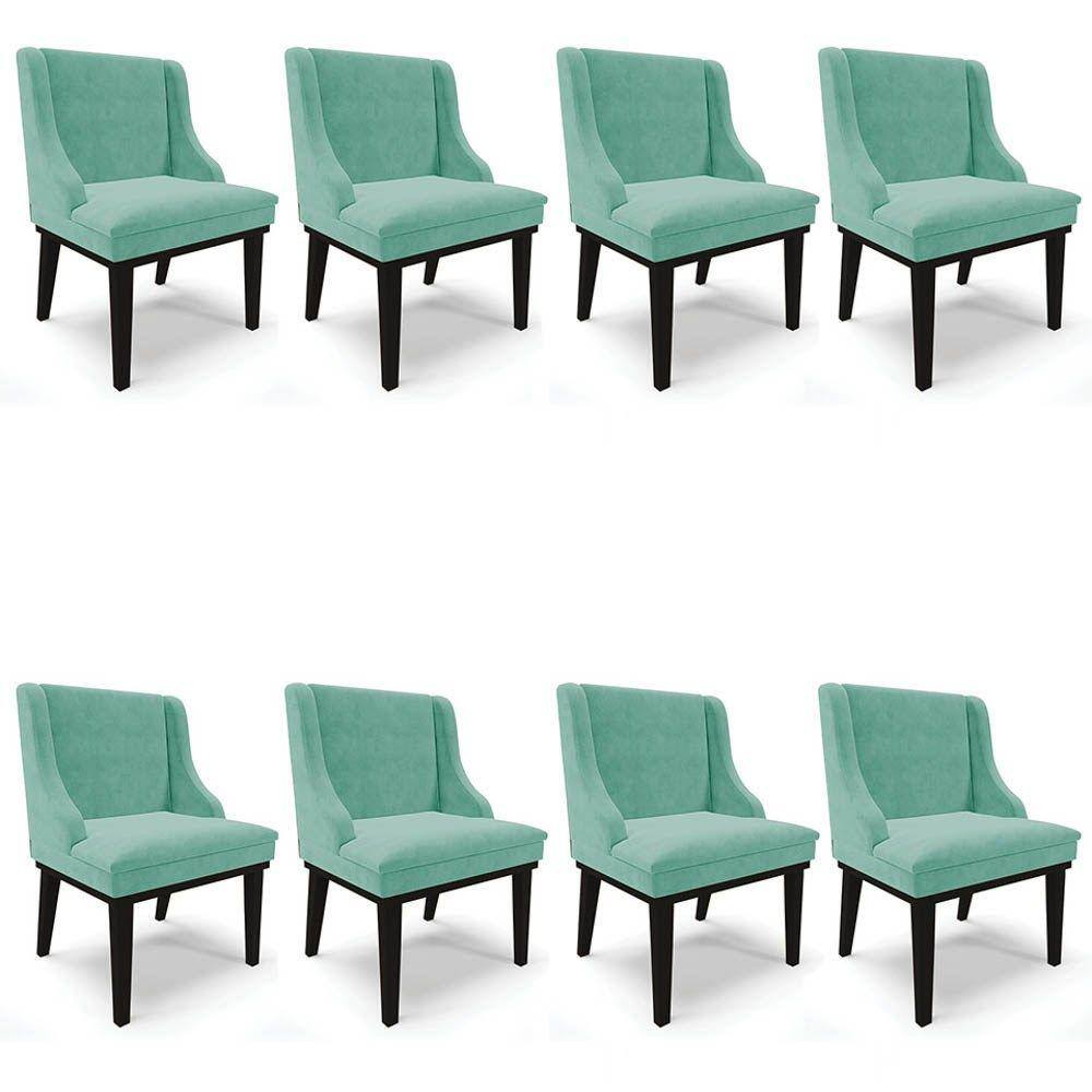 Kit 8 Cadeiras Estofadas para Sala de Jantar Base Fixa de Madeira Preto Lia Suede Azul Turquesa - Ib