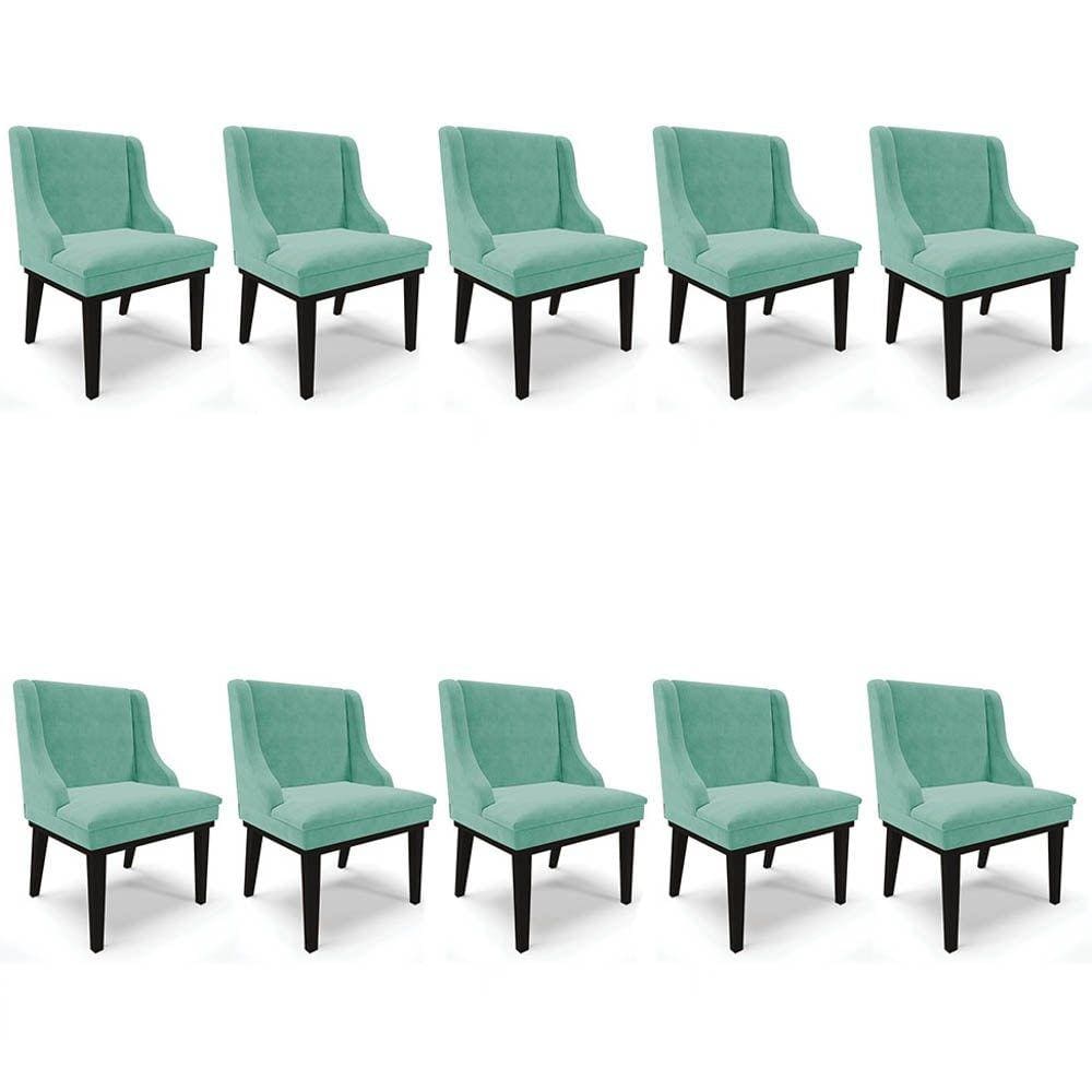 Kit 10 Cadeiras Estofadas para Sala de Jantar Base Fixa de Madeira Preto Lia Suede Azul Turquesa - I