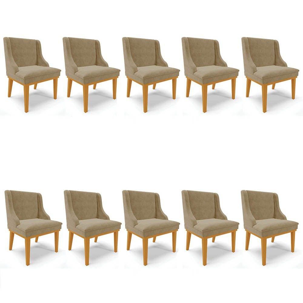 Kit 10 Cadeiras Estofadas para Sala de Jantar Base Fixa de Madeira Castanho Lia Suede Marrom RT - Ib
