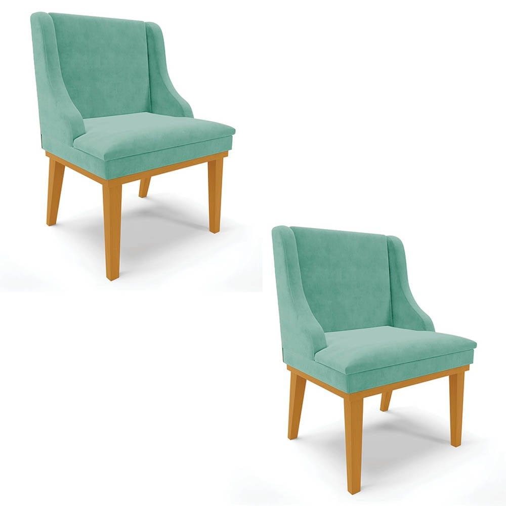 Kit 2 Cadeiras Estofadas para Sala de Jantar Base Fixa de Madeira Castanho Lia Suede Azul Turquesa -