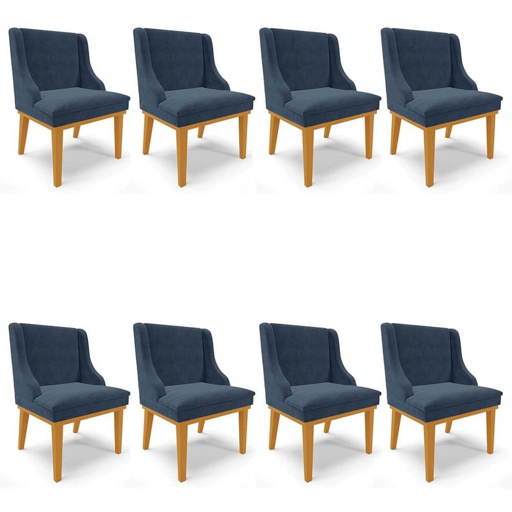Kit 8 Cadeiras Estofadas para Sala de Jantar Base Fixa de Madeira Castanho Lia Suede Azul Marinho -