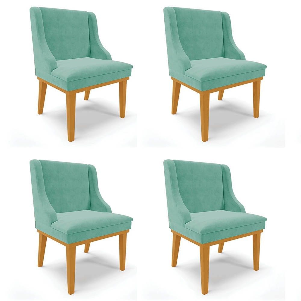 Kit 4 Cadeiras Estofadas para Sala de Jantar Base Fixa de Madeira Castanho Lia Suede Azul Turquesa -