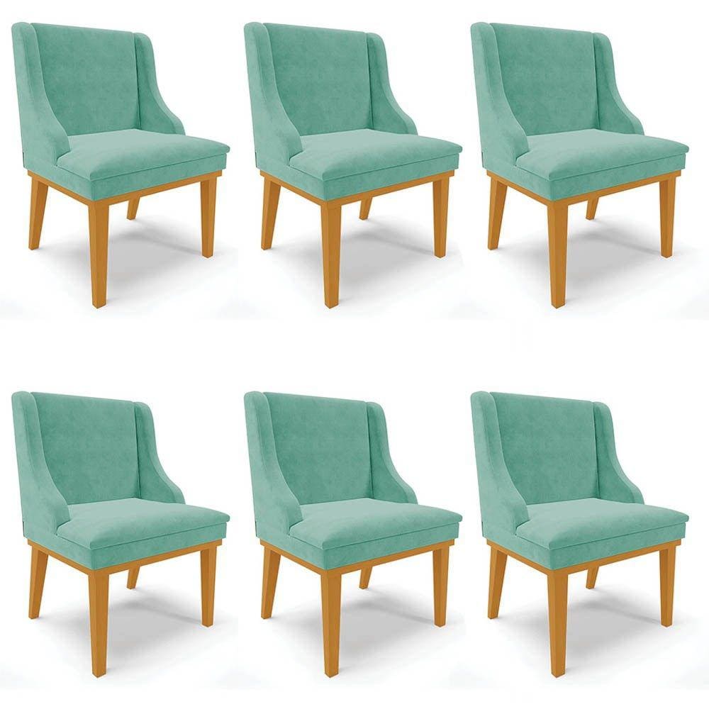 Kit 6 Cadeiras Estofadas para Sala de Jantar Base Fixa de Madeira Castanho Lia Suede Azul Turquesa -