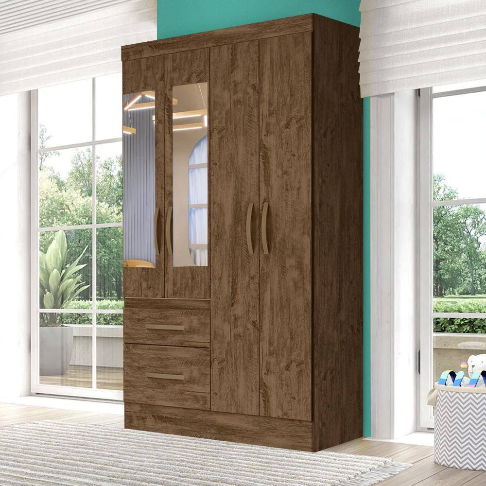 Guarda Roupa Infantil Com Espelho 4 Portas 2 Gavetas Castanho Wood Milly Shop JM - Marrom