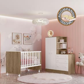 Quarto de Bebê Doce Sonho com Roupeiro + Berço Carvalho Branco Qmovi + Colchão Gazin