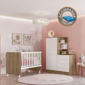 Quarto de Bebê Doce Sonho com Roupeiro + Berço Carvalho Branco Qmovi + Physical Gazin
