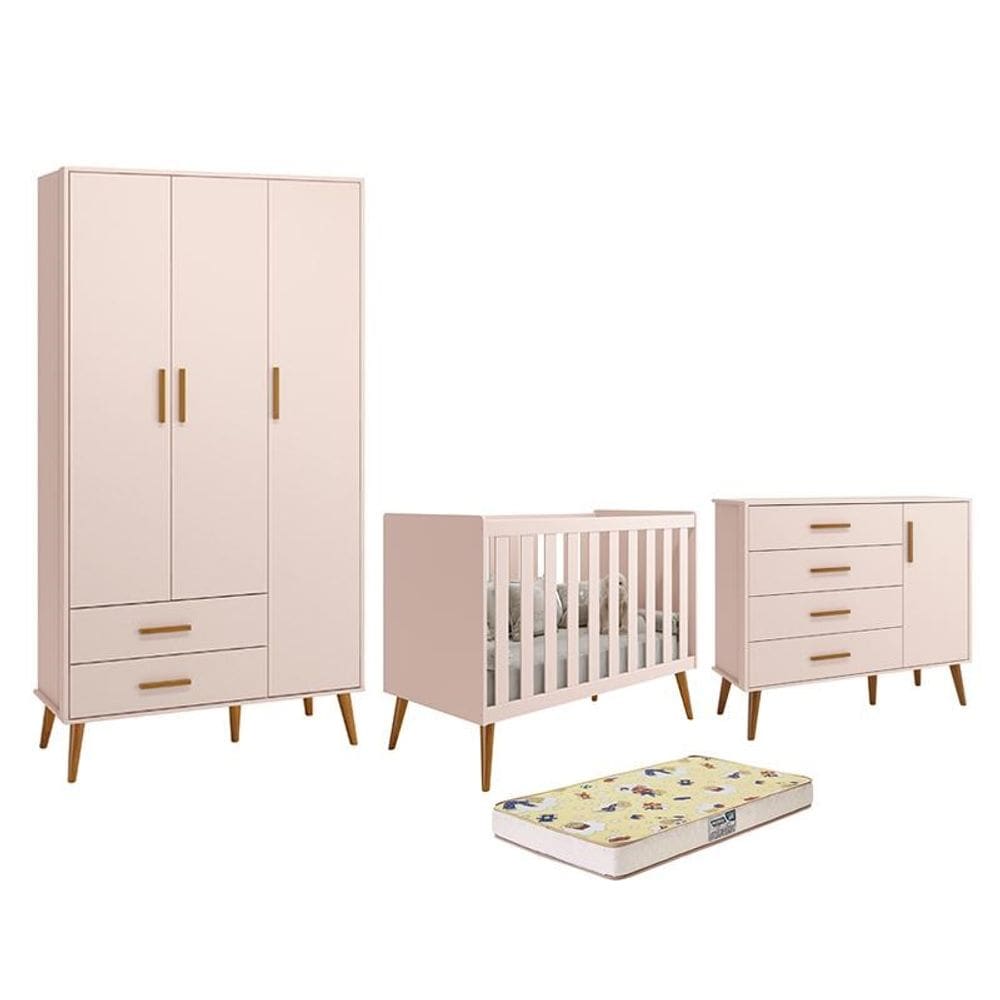 Dormitório Infantil Isis Guarda Roupa 3 Portas, Cômoda 1 Porta e Berço Rosa com Colchão D18 - Reller Móveis