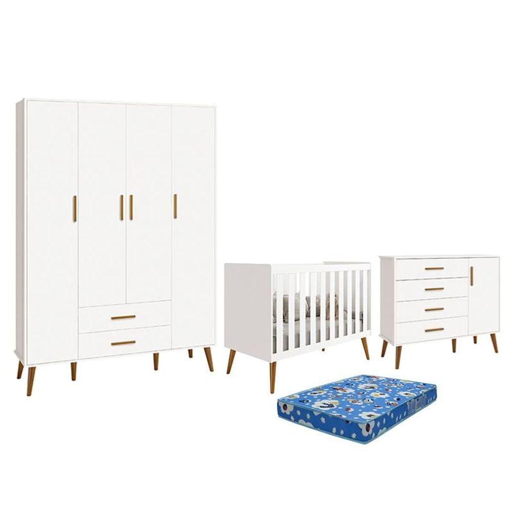 Dormitório Infantil Isis Guarda Roupa 4 Portas, Cômoda 1 Porta e Berço Branco com Colchão - Reller Móveis