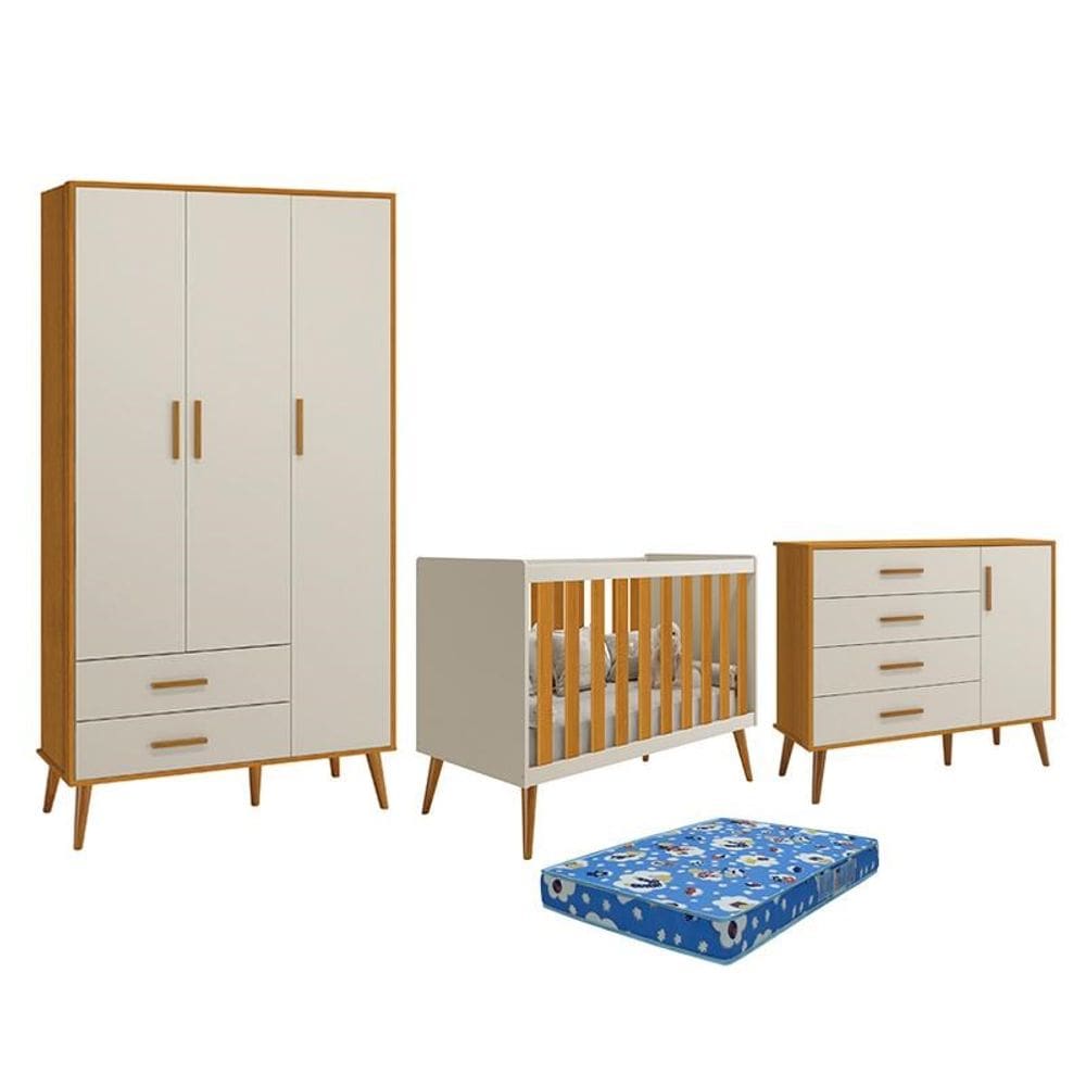 Dormitório Infantil Isis Guarda Roupa 3 Portas, Cômoda 1 Porta e Berço Areia/Savana com Colchão - Reller Móveis