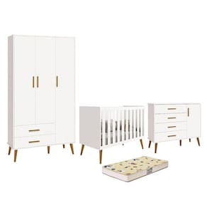Dormitório Infantil Isis Guarda Roupa 3 Portas, Cômoda 1 Porta e Berço Branco com Colchão D18 - Reller Móveis