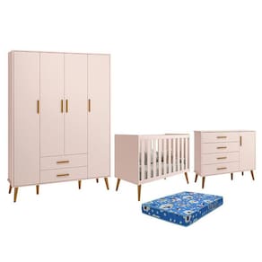Dormitório Infantil Isis Guarda Roupa 4 Portas, Cômoda 1 Porta e Berço Rosa com Colchão - Reller Móveis